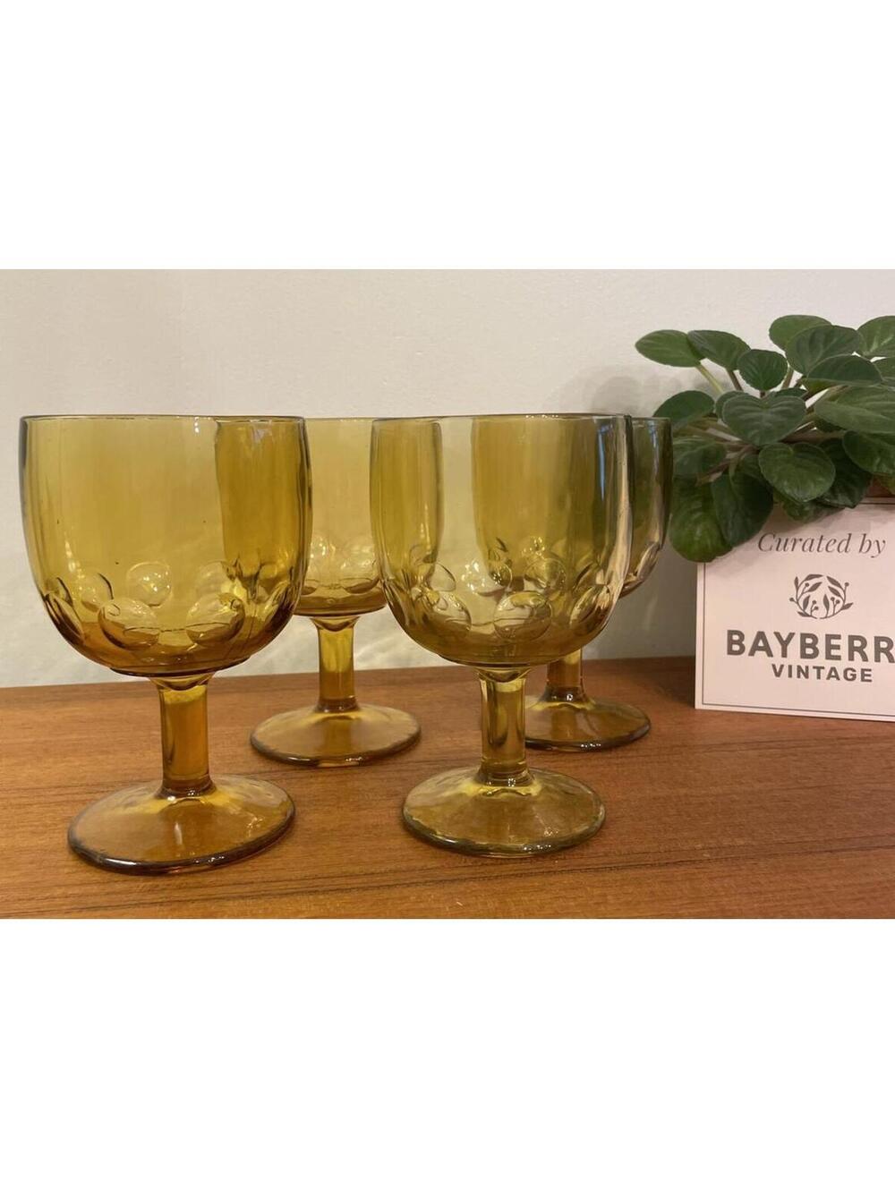 Vintage Bartlett Collins Amber Thumbprint Goblets 6" Tall, Set of 4 1970s
